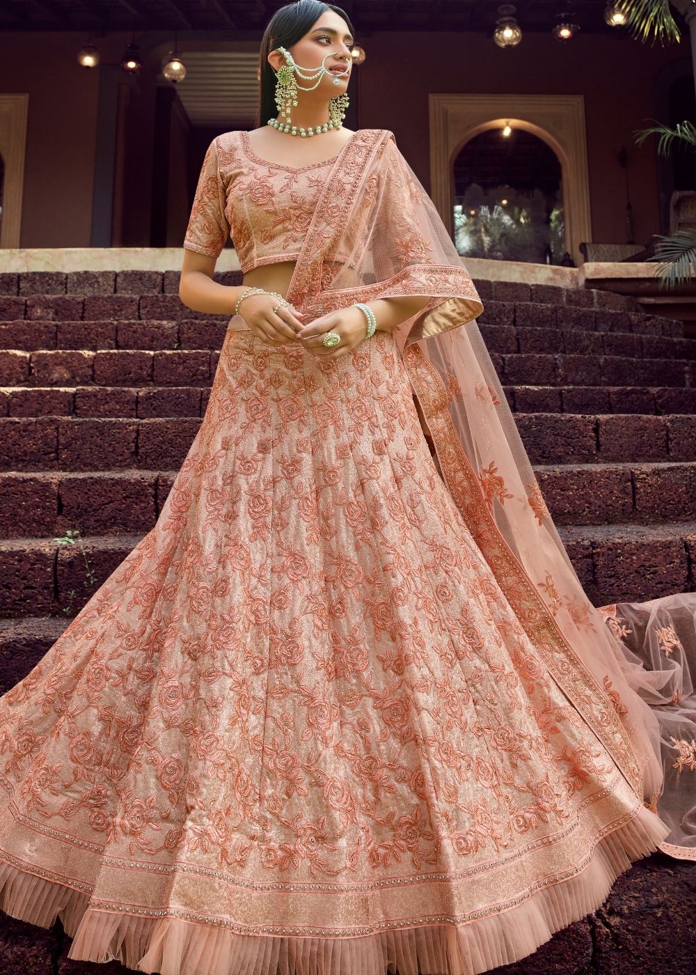 Breathtaking Pink and Peach Colored Designer Lehenga Choli