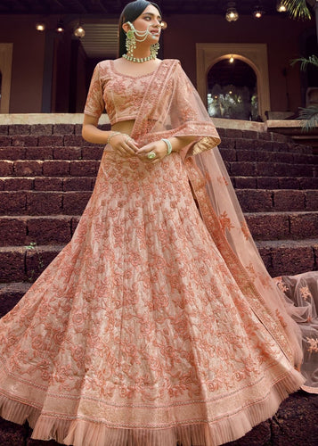 Peach Pink Georgette Lehenga Choli with Sequins & Resham work Clothsvilla