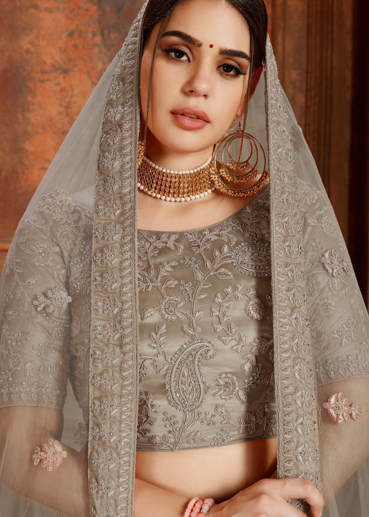 Umber Brown Soft Net Lehenga Choli with Thread, Zarkan & Pearl work Clothsvilla