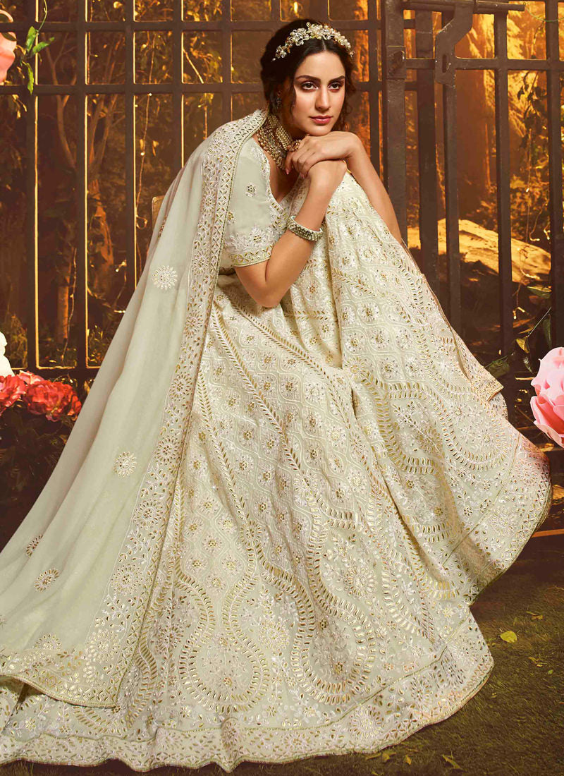 White Color Resham And Gota Work Base Flared Lehenga Choli Clothsvilla