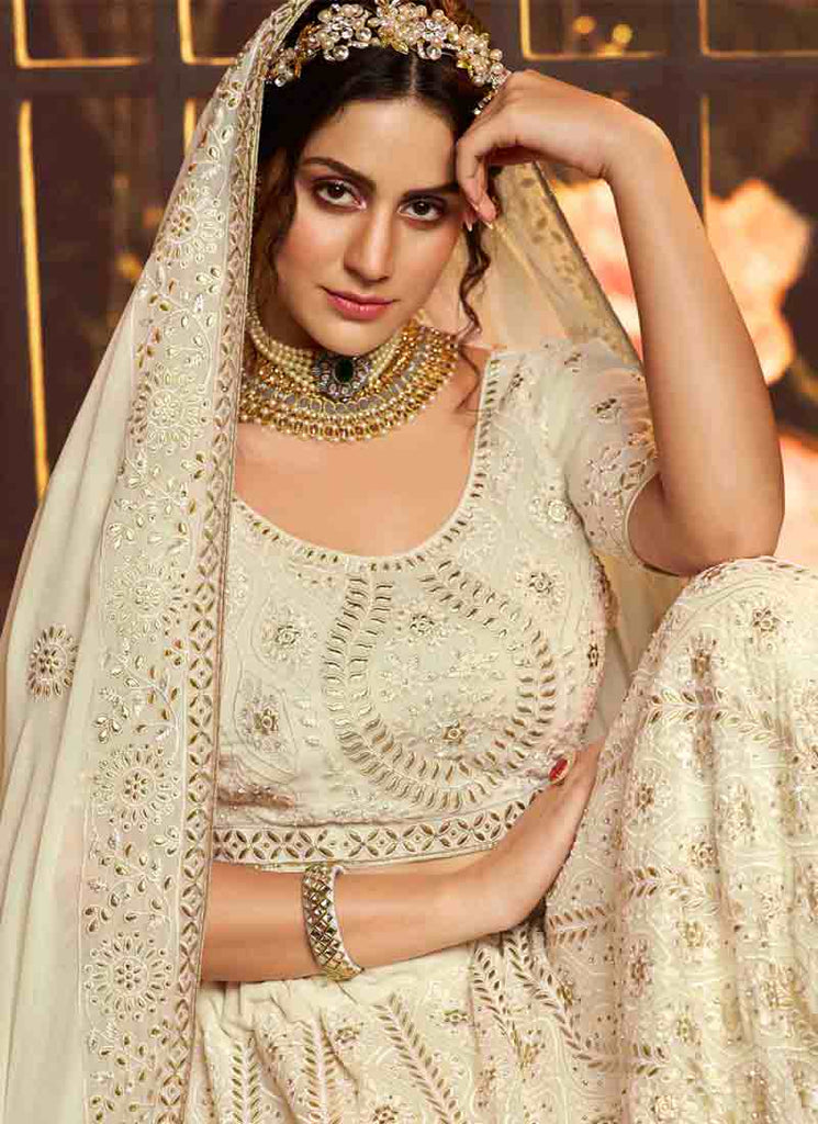 White Color Resham And Gota Work Base Flared Lehenga Choli Clothsvilla