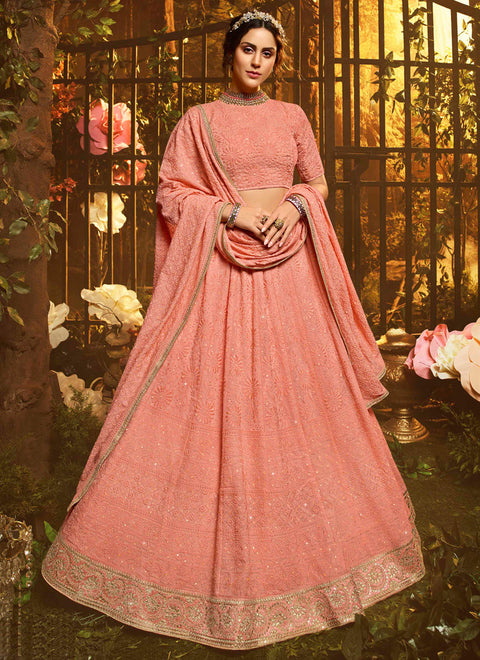 Peach Color Resham And Sequins Base Georgette Flared Lehenga Choli Clothsvilla Main image