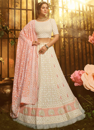 White Color Resham And Georgette Base Flared Lehenga Choli Clothsvilla