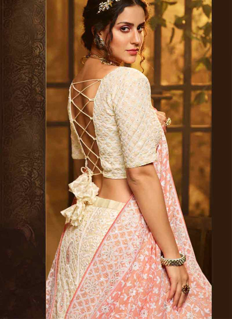 White Color Resham And Georgette Base Flared Lehenga Choli Clothsvilla