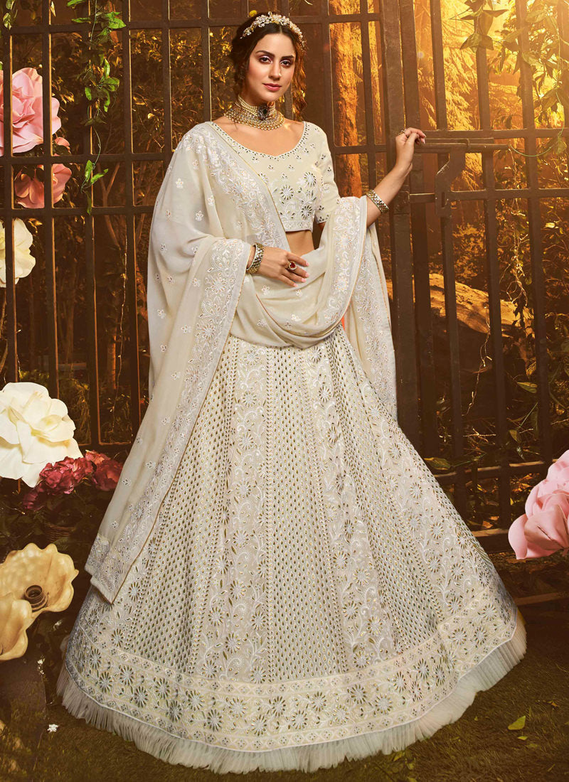 White Color Sequin Georgette Base Flared Lehenga Choli Clothsvilla