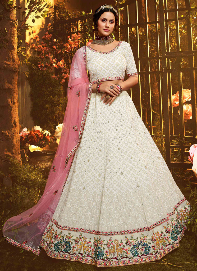 off-white Color Resham And Moti Georgette Base Soft Net Lehenga Choli Clothsvilla