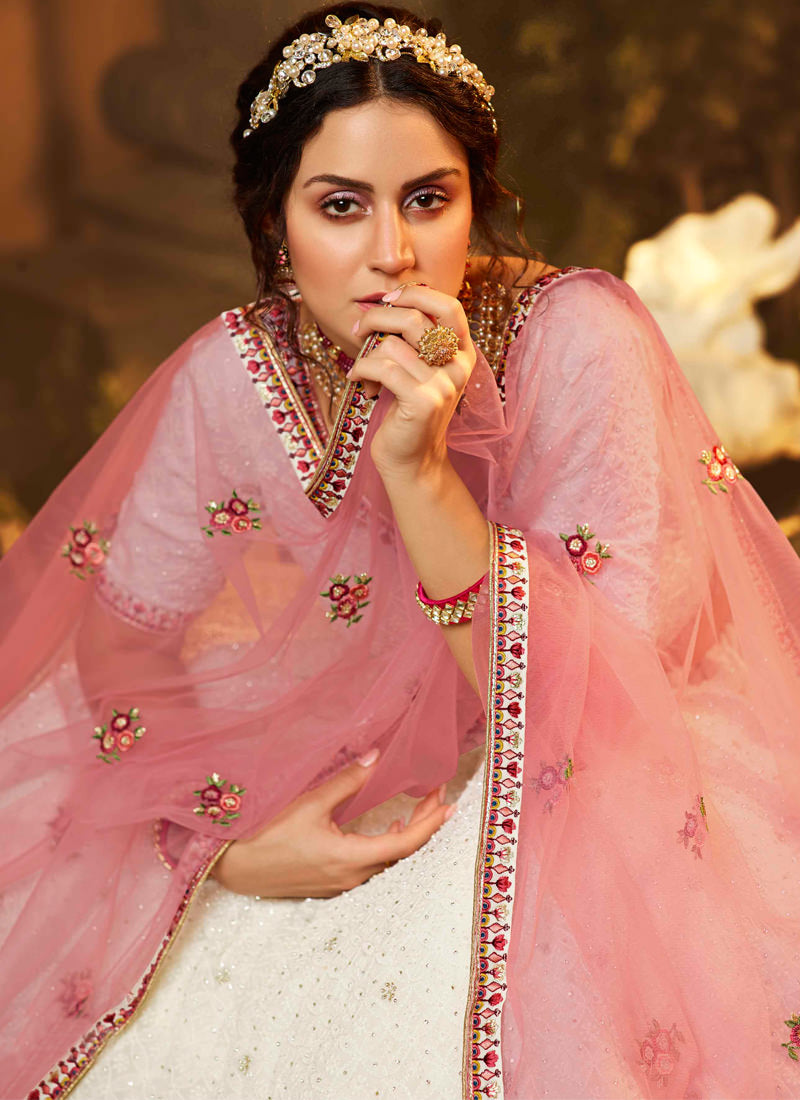 off-white Color Resham And Moti Georgette Base Soft Net Lehenga Choli Clothsvilla