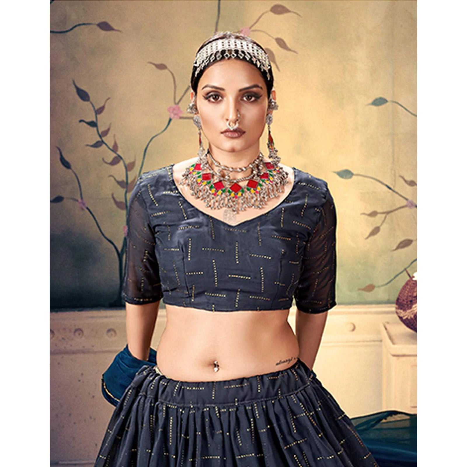 Black Pearl Georgette Fabrics Lehenga choli ClothsVilla
