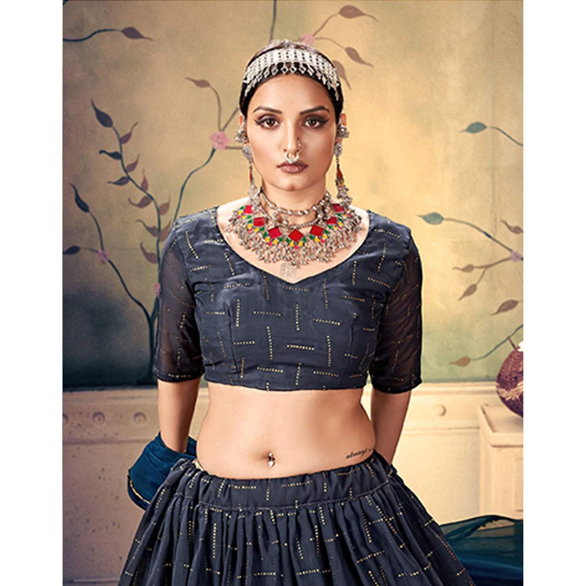 Black Pearl Georgette Fabrics Lehenga choli ClothsVilla