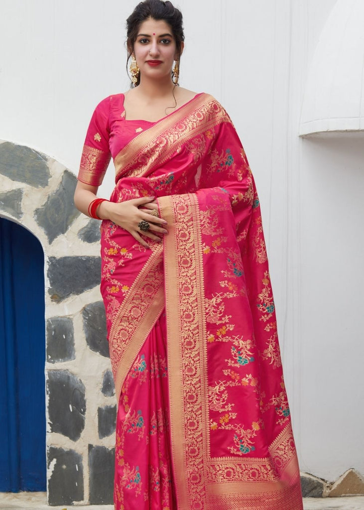 Magenta Silk Saree with Thread Embroidery work and Golden Zari Border Clothsvilla