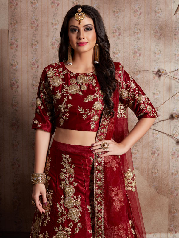 Maroon Embroidered Semi Stitched Lehenga With Unstitched Blouse Clothsvilla