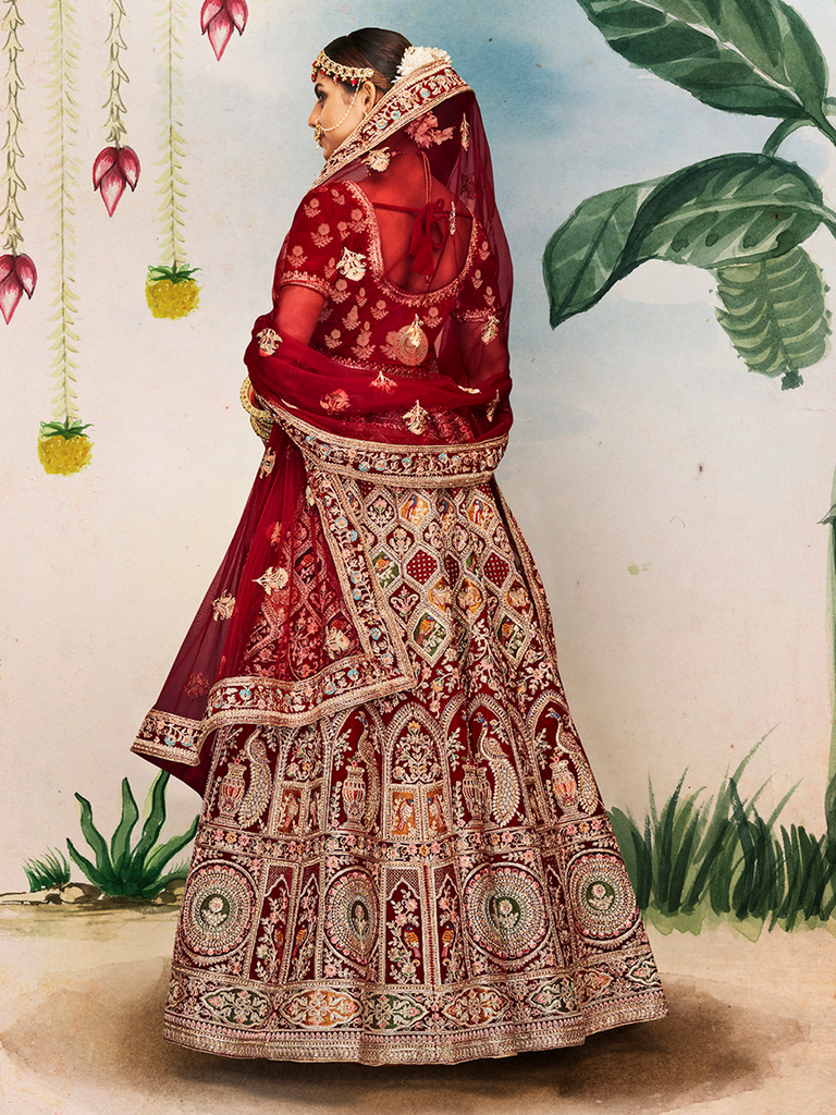 Maroon Embroidered Velvet Semi Stitched Lehenga With Unstitched Blouse Clothsvilla