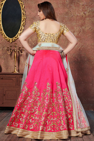 Stunning Hot Pink Thread Embroidered Mulberry Silk Bridal Lehenga Choli ClothsVilla