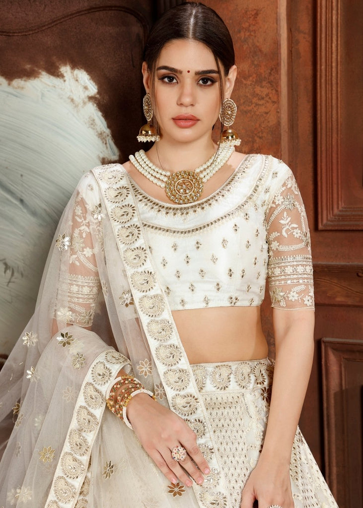 Daisy White Soft Net Lehenga Choli with Thread,Zari, Zarkan & Pearl work Clothsvilla