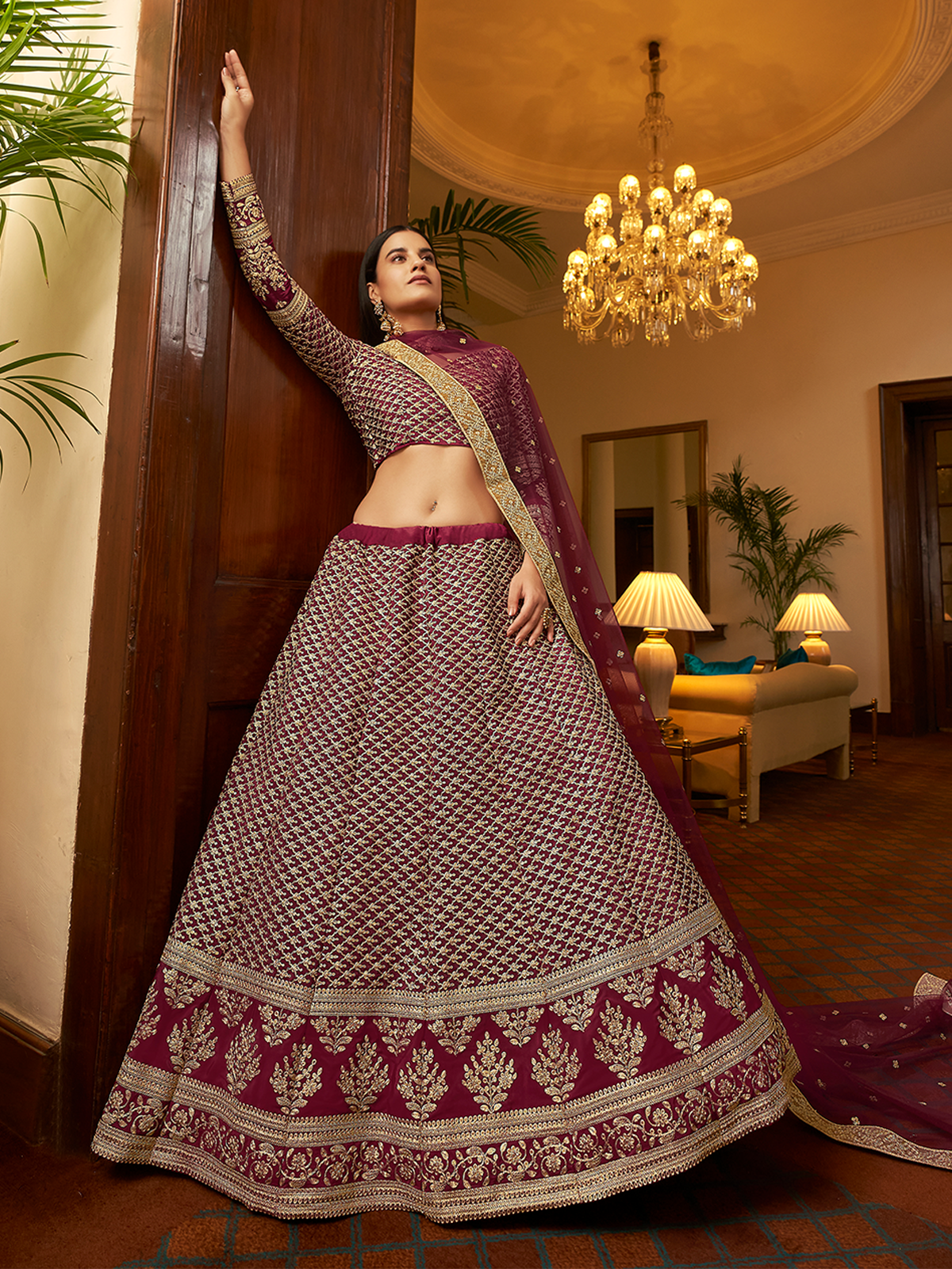 Violet Embroidered Semi Stitched Lehenga With Unstitched Blouse Secondary image