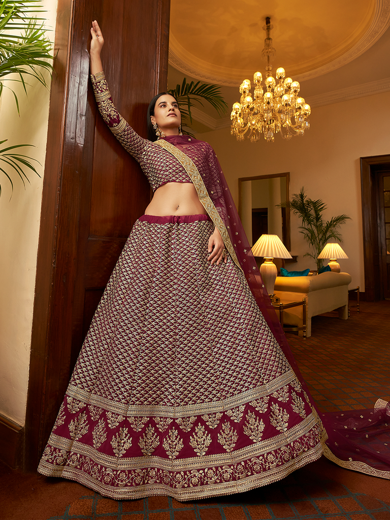 Violet Embroidered Semi Stitched Lehenga With Unstitched Blouse Clothsvilla