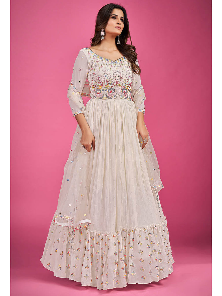 White Pure Georgette Embroidered Gown Clothsvilla