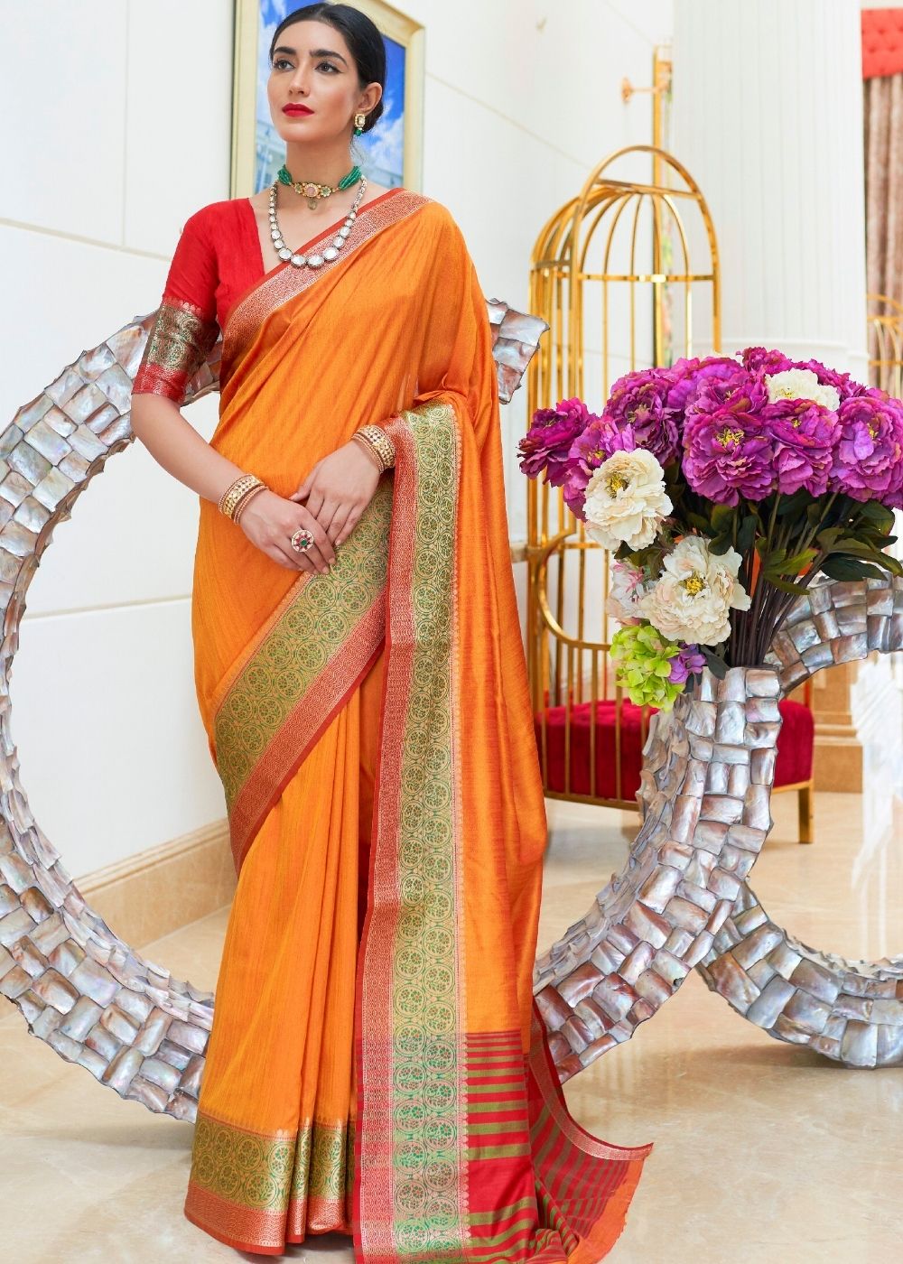 Bright Orange Handloom Woven Silk Saree Clothsvilla