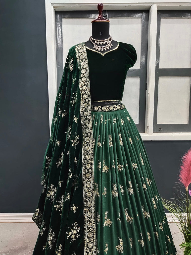 Green Color Sequence Work Silk Lehenga Choli With Velvet Dupatta Clothsvilla