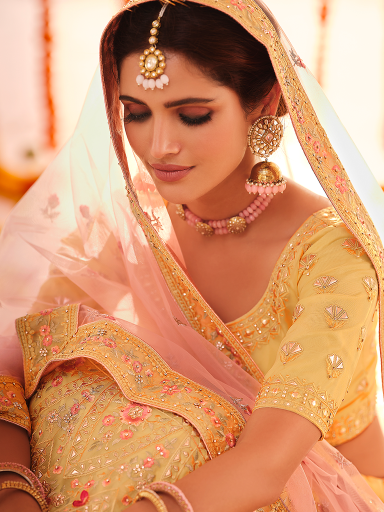 Yellow Embroidered Organza Semi Stitched Lehenga With Unstitched Blouse Clothsvilla