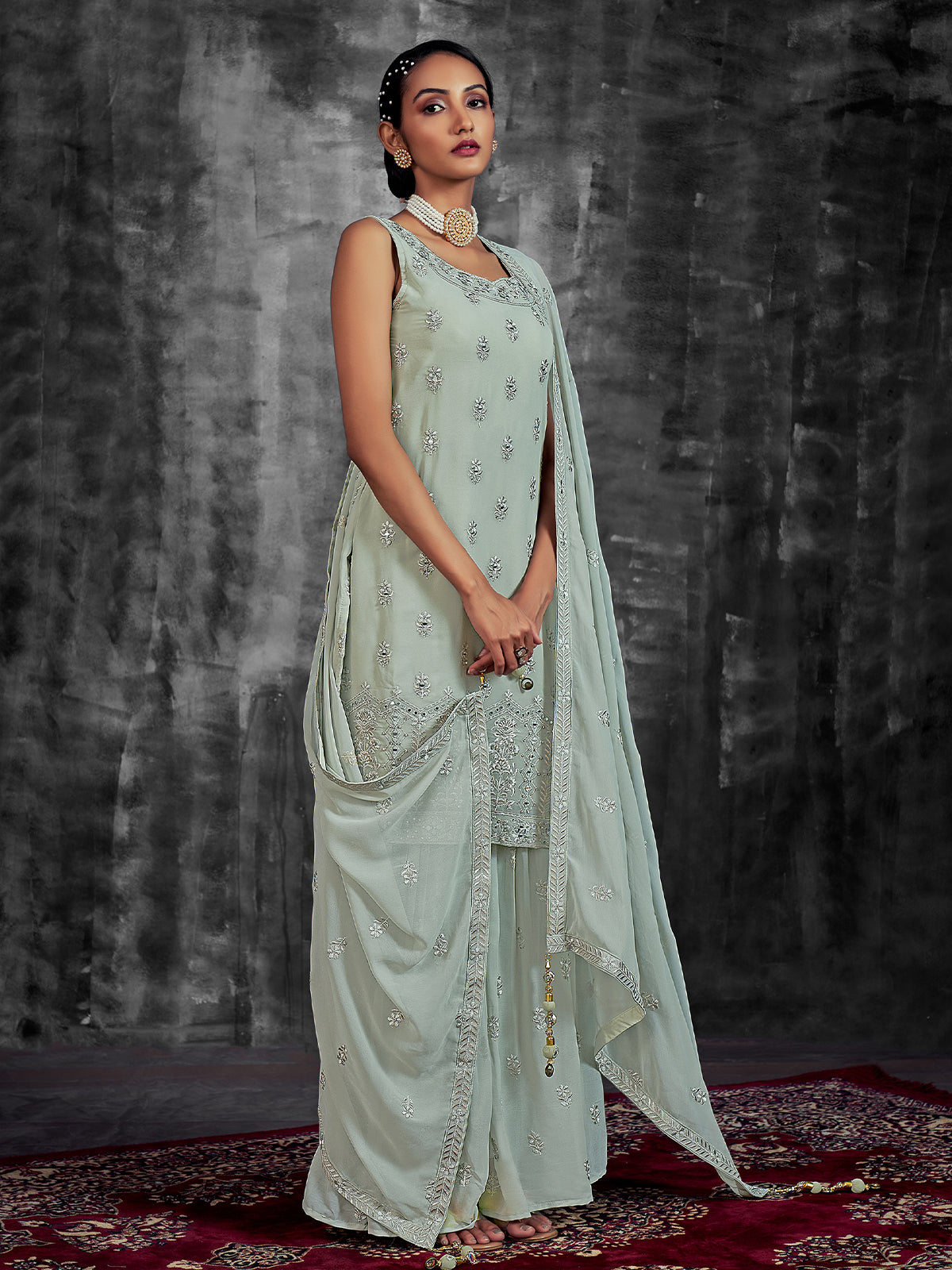 Classic Embroidered Green Georgette Stitched Kurta Set Clothsvilla