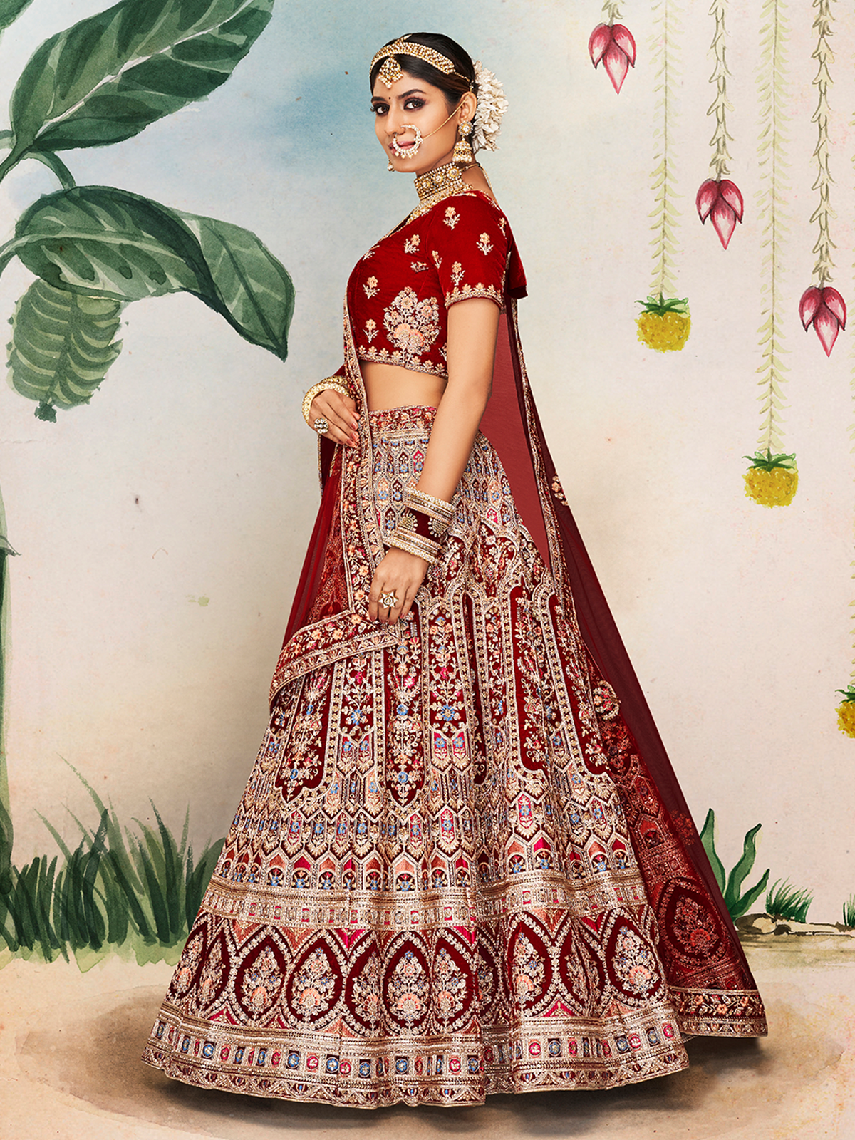 Maroon Velvet Semi Stitched Lehenga With Unstitched Blouse Clothsvilla