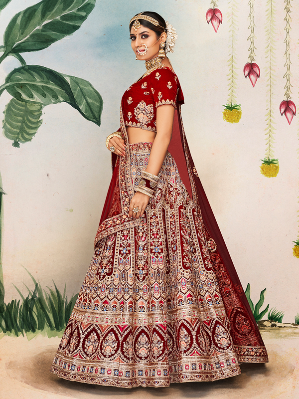 Maroon Velvet Semi Stitched Lehenga With Unstitched Blouse Clothsvilla