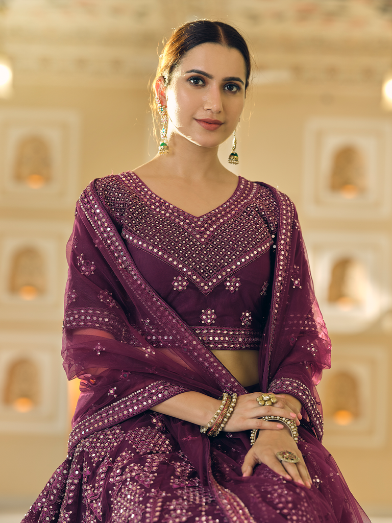 Purple Soft Net Semi Stitched Lehenga With Unstitched Blouse Clothsvilla