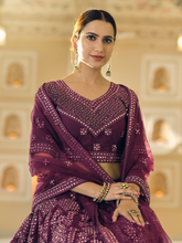 Load image into Gallery viewer, Purple Soft Net Semi Stitched Lehenga With Unstitched Blouse Clothsvilla