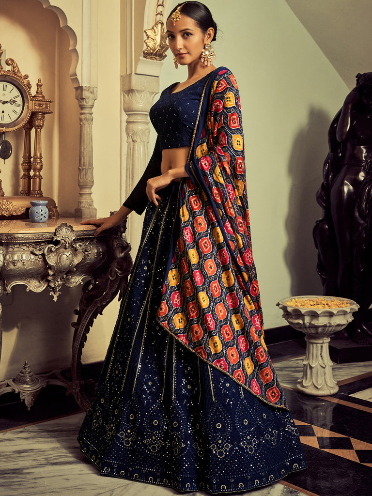 Beautiful Navy Blue Color Georgette Semi Stitched Lehenga With Blouse Piece Clothsvilla