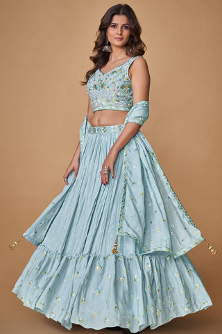 Powder Blue Thread Work Chiffon Silk Engagement Wear Lehenga Choli Clothsvilla