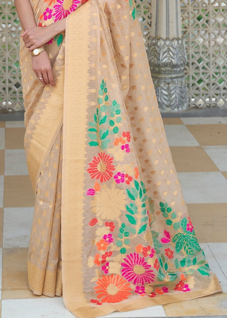 Beige Brown Floral Embroidered Linen Silk Saree Clothsvilla