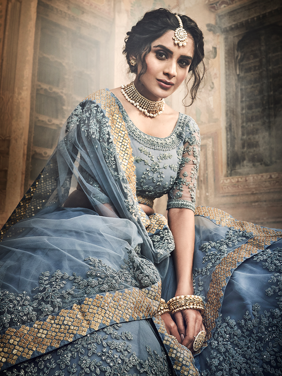 Grey Embroidered Soft Net Semi Stitched Lehenga With Unstitched Blouse Clothsvilla
