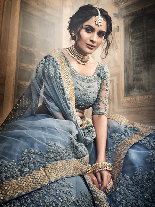 Grey Embroidered Soft Net Semi Stitched Lehenga With Unstitched Blouse Clothsvilla