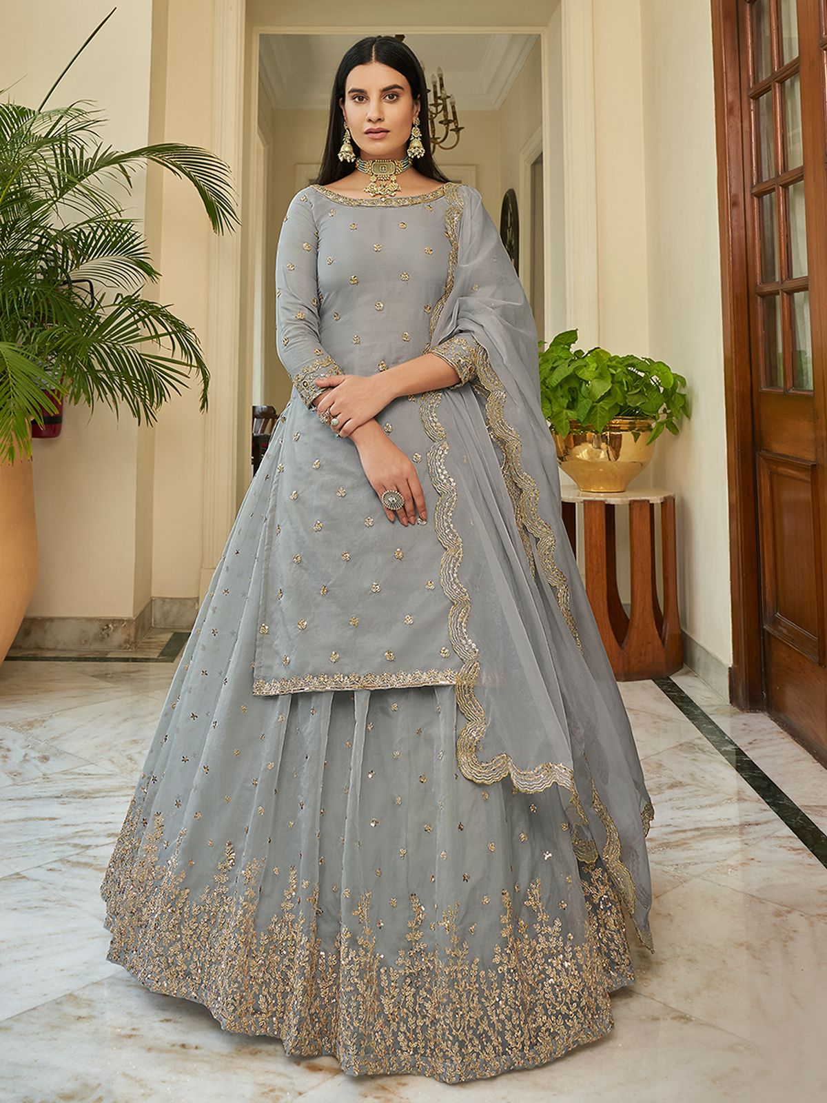 Grey Embroidered Semi Stitched Lehenga With Unstitched Blouse Clothsvilla Main image