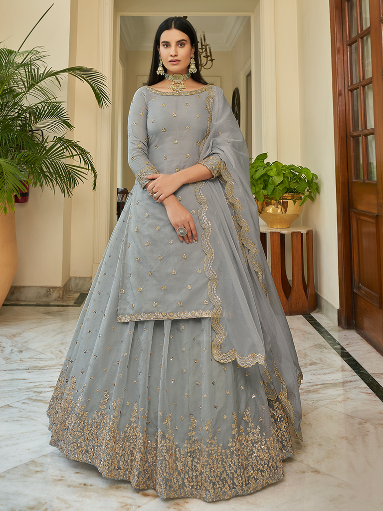 Grey Embroidered Semi Stitched Lehenga With Unstitched Blouse Clothsvilla