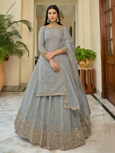 Load image into Gallery viewer, Grey Embroidered Semi Stitched Lehenga With Unstitched Blouse Clothsvilla