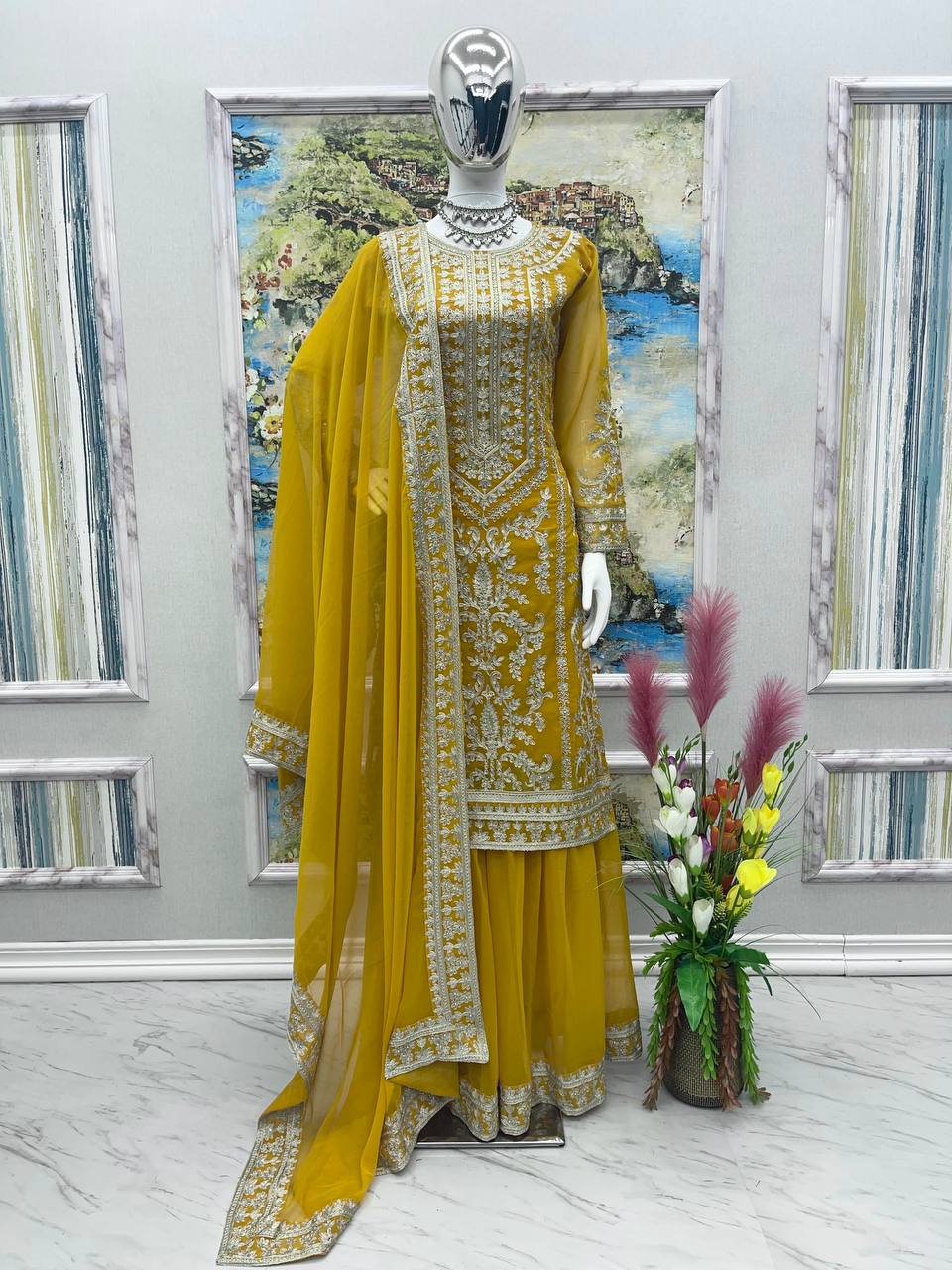 Glorious Yellow Color Embroidered Sharara Suit Clothsvilla