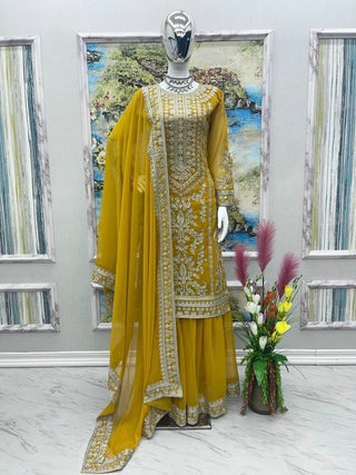 Glorious Yellow Color Embroidered Sharara Suit Clothsvilla