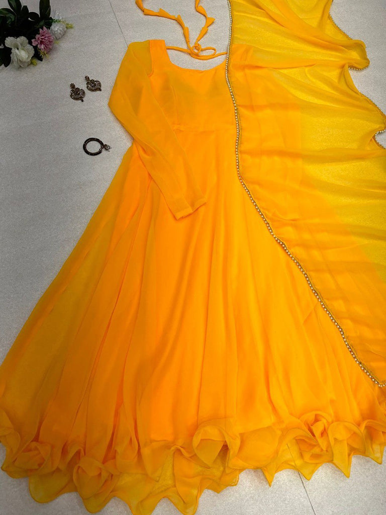 Good Looking Yellow Color Gown With Dupatta