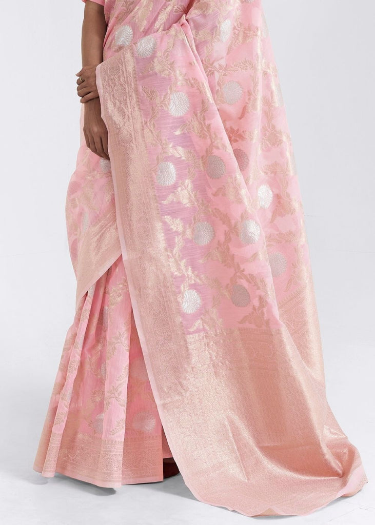 Rose Pink Zari Woven Linen Silk Saree Clothsvilla