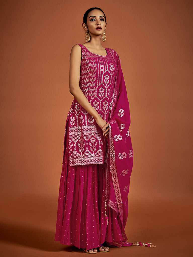 Magenta Embroidered Georgette Partywear Stitched Kurta Set Clothsvilla