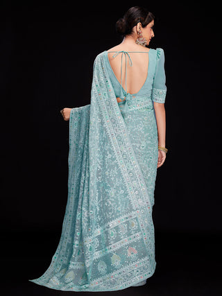 Blue Georgette Embroidered Saree With Unstitched Blouse Clothsvilla