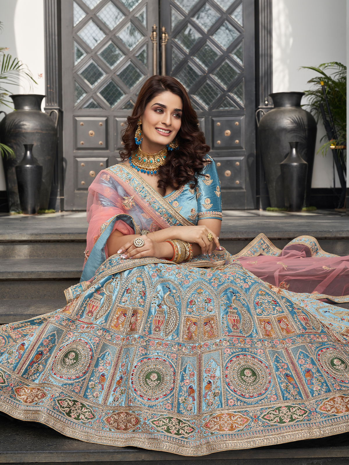 Sky Blue Velvet Semi Stitched Lehenga With Unstitched Blouse Clothsvilla