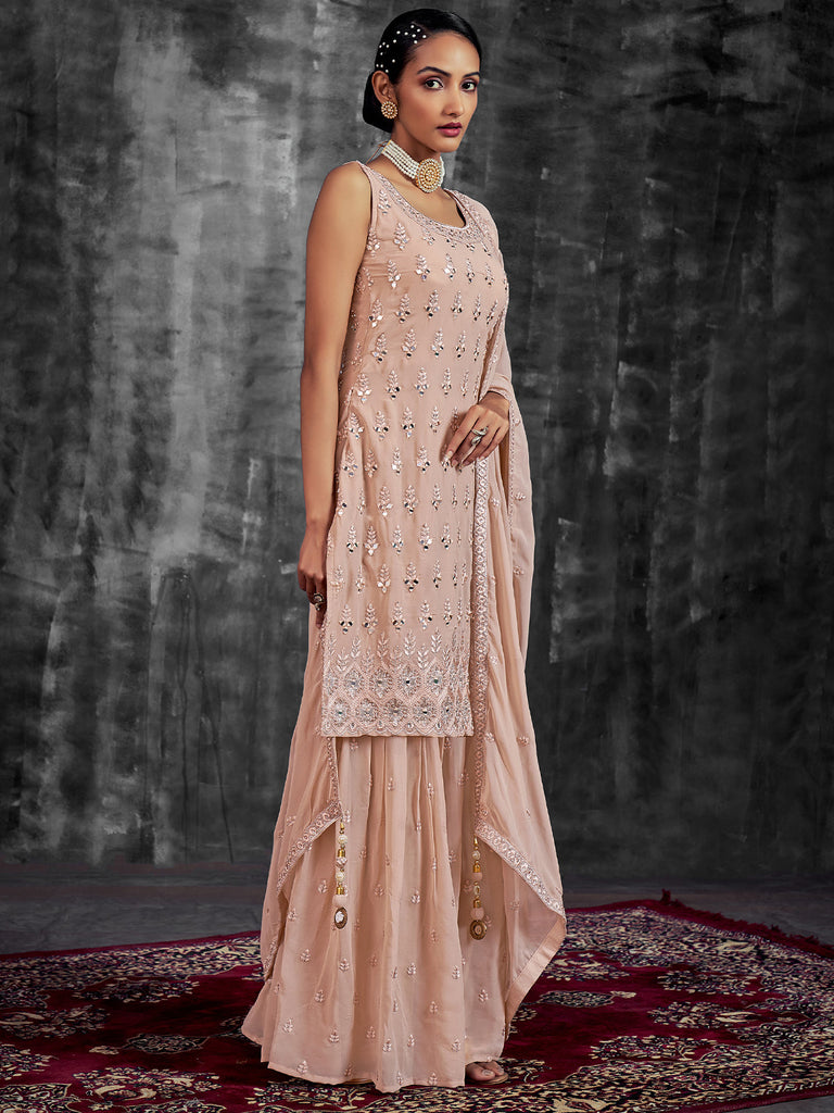 Classic Embroidered Peach Georgette Stitched Kurta Set Clothsvilla