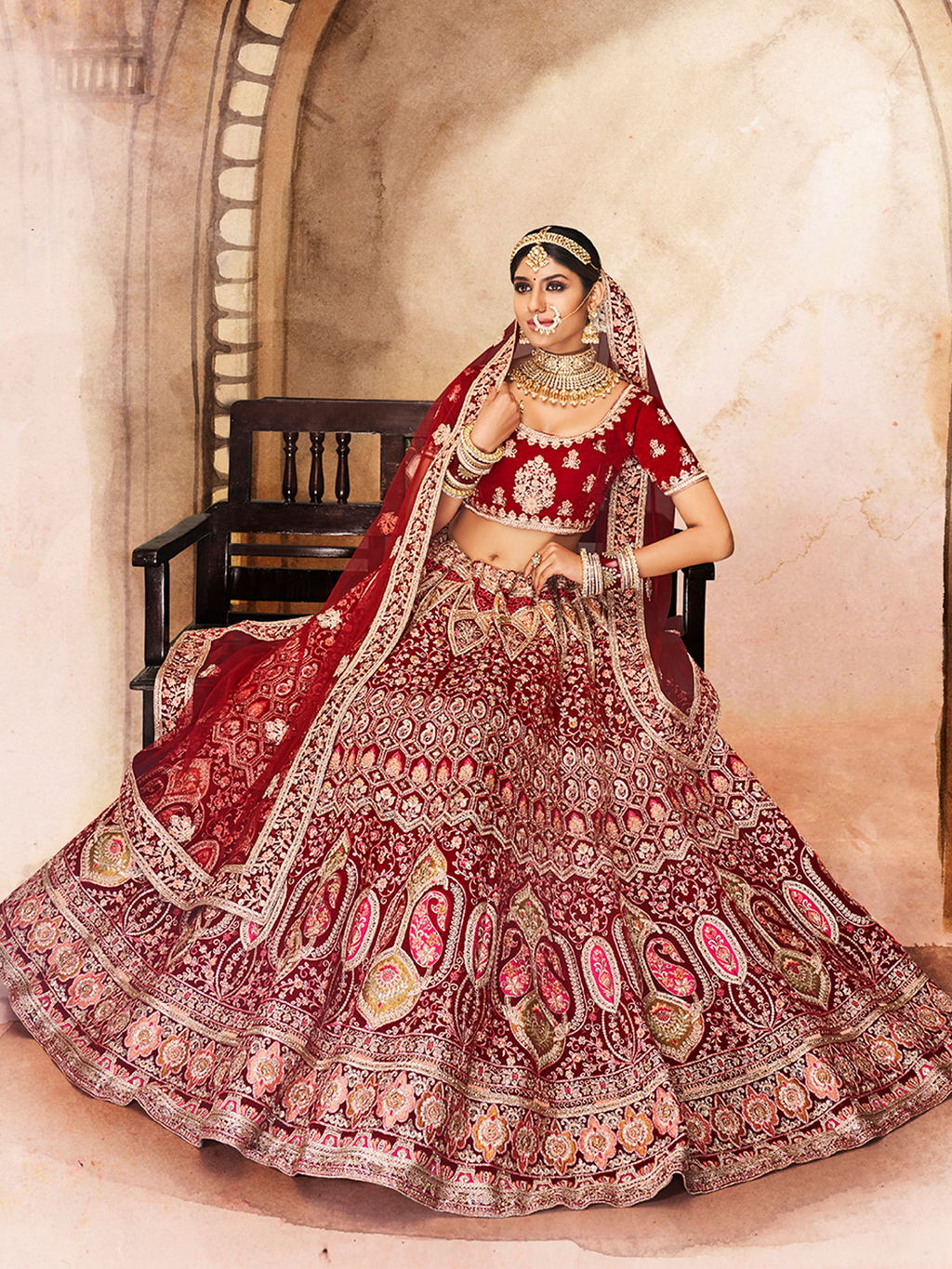 Maroon Embroidered Velvet Semi Stitched Lehenga With Unstitched Blouse Clothsvilla