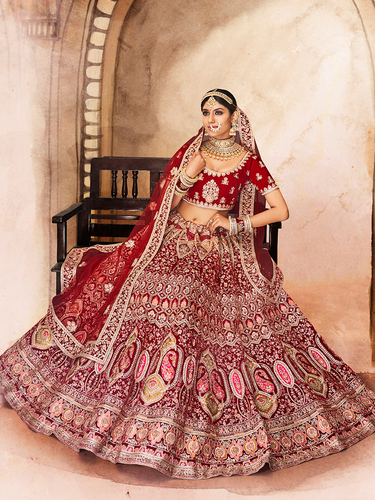 Maroon Embroidered Velvet Semi Stitched Lehenga With Unstitched Blouse Clothsvilla
