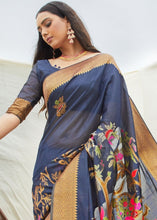 Load image into Gallery viewer, Navy Blue and Grey Handloom Woven Silk Saree Clothsvilla