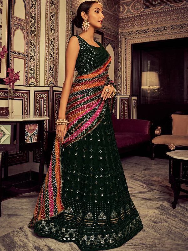Green Embroidered Georgette Semi Stitched Lehenga With Blouse Piece Clothsvilla