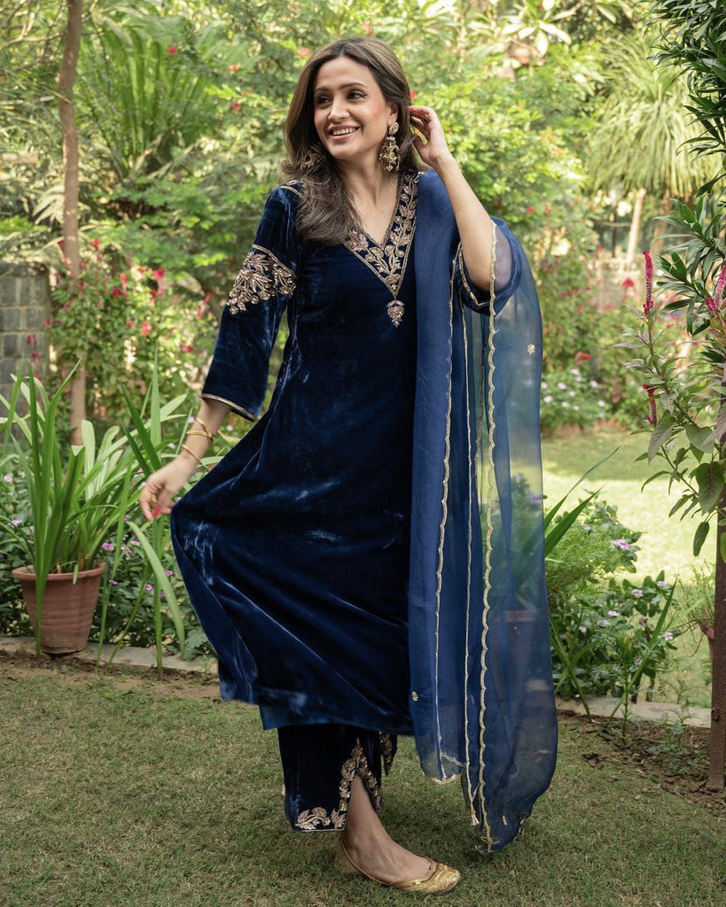Charming Blue Color Embroidery Sequence Velvet Palazzo Suit Clothsvilla